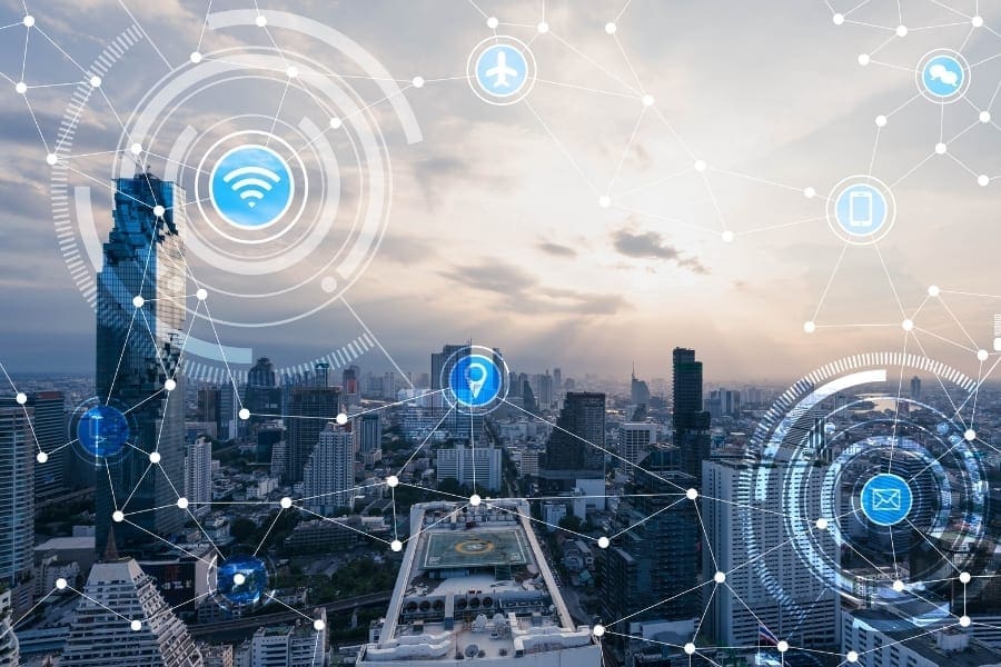 An image of a city with a lot of wireless connections showcasing the potential for women returners to find mum-friendly jobs.