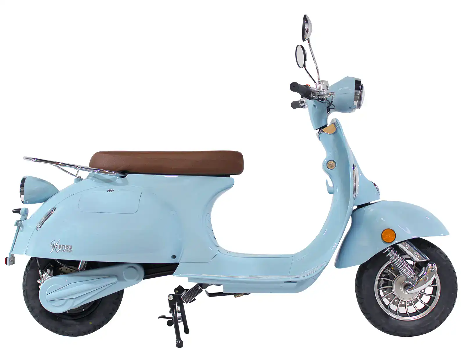 Light blue scooter with a brown seat, kickstand down, and round mirrors. The scooter is viewed from the side on a white background.